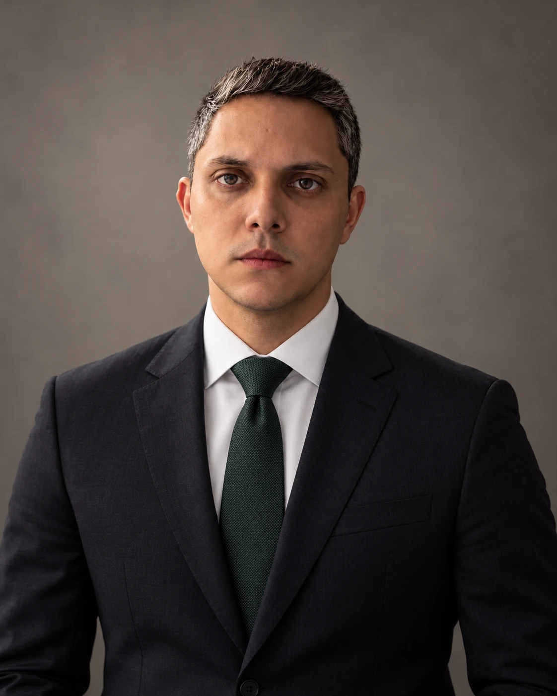 Retrato de Dr. Pedro, sócio fundador do Martins Gonçalves Advogados, usando terno escuro